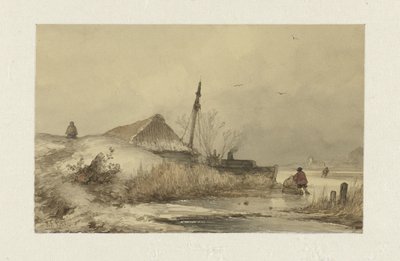Vinterlandskab med en gård på en grøft af Johannes Franciscus Hoppenbrouwers