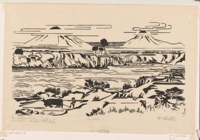 Landskab, Central Java: Merbaboe, Merapi, Ello-floden (original titel på objektet) af Johannes Frederik Engelbert ten Klooster (signed by artist)