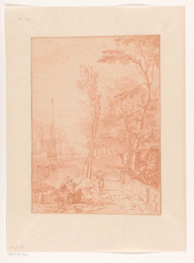 Arkadische Landschaft mit Figuren nahe einem Obelisken af Johannes Glauber