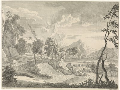 Bakket landskab med vandfald Landskaber efter Gaspar Poussin (serietitel) af Johannes Glauber