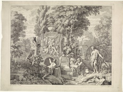 Landskab med en springvand og Diana og hendes nymfer Bibelske, mytologiske og allegoriske fremstillinger (serietitel) af Johannes Glauber