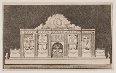 "Facade af den Illuminations Decoration som Banqven i Kiøbenhavn ved Børsen har ladet opreise i Anledning af Høystsalig Kong Friderich den V Liig Procession" af Johannes Gottfred Bradt