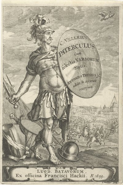 Romeinse krijgsman voor een slagveld Titelside for Caius Velleius Paterculus cum Selectis Variorum Notis, 1659 af Johannes Hackius