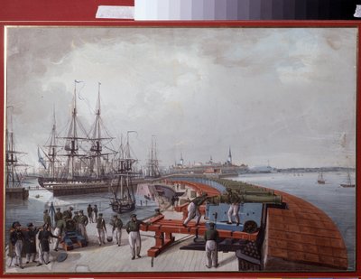 Udsigt over Reval (nuværende Tallinn (Tallin), i Estland), havnen og artilleriet ved den russiske kyst (Udsigt over Reval, Havnen og det russiske kystartilleri). Værk af Johannes Hau (1771-1838), akvarel på papir af Johannes Hau
