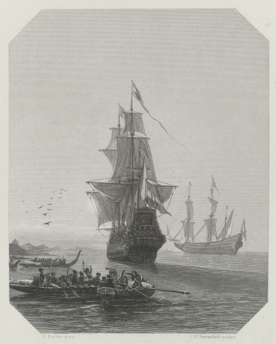 Abel Tasmans ankomst til New Zealand, 1642-1643, ca 1865 af Johannes Heinrich Maria Hubert Rennefeld