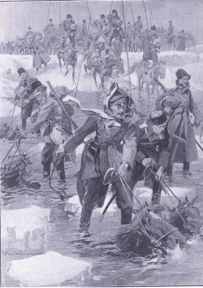 En bedrift af hestekunst. Russisk kavaleri krydser en flod, illustration fra Cassells History of the Russo-Japanese War Vol 1, ca. 1900 af Johannes Hermann Barend Koekkoek