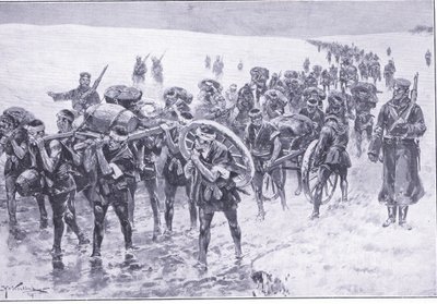 Japansk på march. Mænd i stedet for flokponyer, illustration fra Cassells History of the Russo-Japanese War Vol 1, ca. 1900 af Johannes Hermann Barend Koekkoek