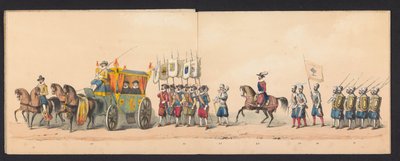 Historisk procession af studerende fra Groningen University of Applied Sciences, 1850 (plade 4) Udklædt fremstilling af indgangen til Maurits, Prins af Orange, Greve af Nassau osv. og Willem Lodewijk, Greve af Nassau, i Groningen i år 1594, af H.H. af Johannes Hermanus van de Weijer