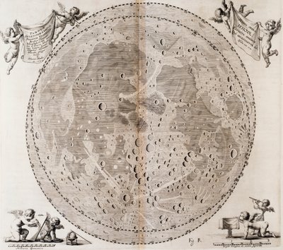 Første detaljerede kort over månen tegnet i 1647 af Johann Hevelius, tryk taget fra Johann Hevelius