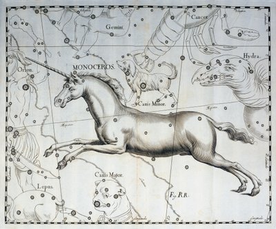 Monoceros, enhjørningens stjernebillede, gravering fra det himmelske atlas Firmamentum Sobiescianum sive Uronographia, af Johann Hevelius (1611-1687), Gdansk af Johannes Hevelius