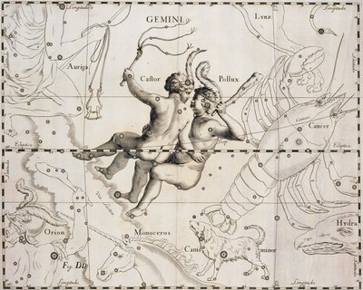 Konstellationen Tvillingerne, illustration fra Firmamentum Sobiescianum sive Uranographia, af Johann Hevelius (1611-1687), Gdansk 1690 af Johannes Hevelius