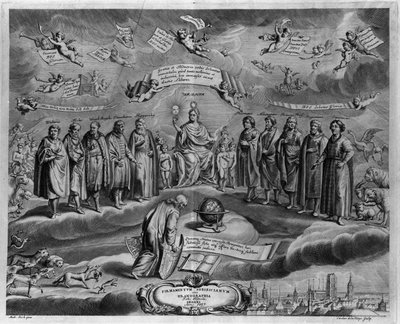 De berømte astronomer. Blandt dem fra venstre mod højre: Walterus (?), Tycho Brahe (Tyge Ottesen Brahe), kendt som Den ædle danske eller Manden med den gyldne næse (1546-1601), Ulugh Beg (Oulough Beg, Oulugbek) ( 1394- 1449), Timocharis af Alexandria (ca.  af Johannes Hevelius