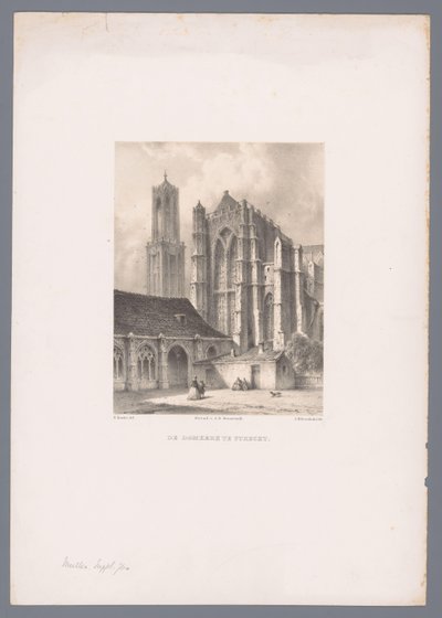 Udsigt over Dom-kirken og Dom-tårnet i Utrecht Domkirken i Utrecht (titel på objekt) Hollandsk by- og havneudsigt efter tegninger af Everhardus Koster (serietitel) E. Kosters skitsebog: Dutch City and Harbour Views (serietitel) af Johannes Hilverdink