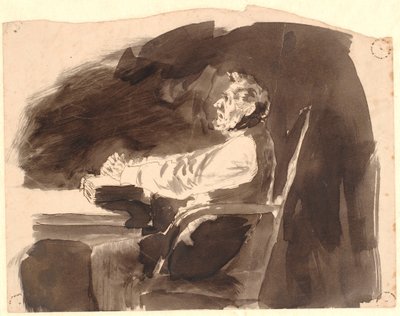 Gammel mand ved et bord med en bibel af Johannes Holbek