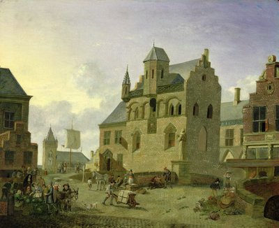 Bytorv med figurer og bønder, der handler på en markedsplads (panel) af Johannes Huibert Prins