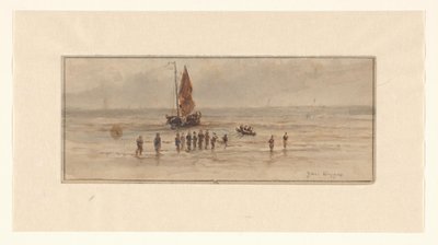 Strandscene med fiskere og sejlskib af Johannes Huygens (signed by artist)