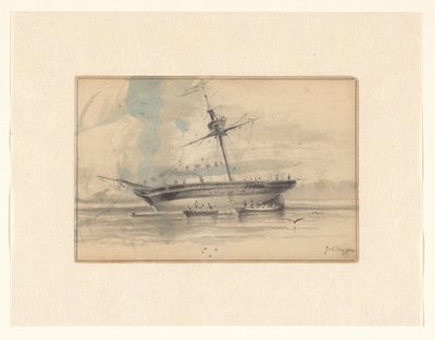 Sejlskib med to robåde af Johannes Huygens (signed by artist)