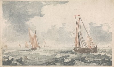 To fladbundede både sejler mod hinanden Skibe til søs (serie A) (serietitel) af Johannes Jacobsz van den Aveele