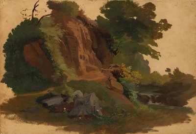Klippefremspring ved en å i den romerske Campagna, ca. 1835-40. af Johannes Jakob Frey