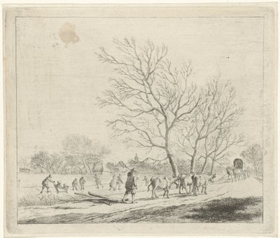 Vinterlandskab med køer og skatere december De tolv måneder (serietitel) De farvede tegninger af de 12 måneder (...) (serietitel) af Johannes Janson