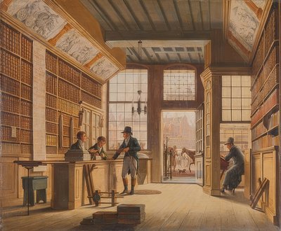 Der Laden des Buchhändlers Pieter Meijer Warnars am Vijgendam i Amsterdam. 1820 af Johannes Jelgerhuis