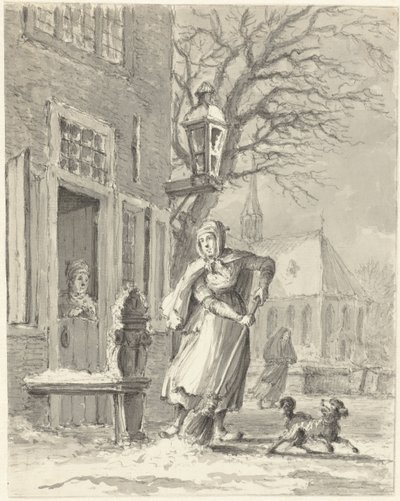 En stuepige er ved at rydde sne til et hus af Johannes Jelgerhuis