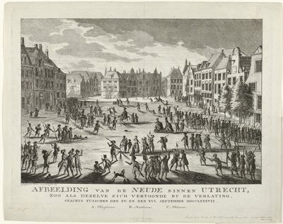 Patrioter forlader Neude i Utrecht, 1787 Skildring af Neude i Utrecht, som den så ud, da den blev forladt om natten mellem XV. og XVI. september MDCCLXXXVII (titel på objekt) af Johannes Jelgerhuis