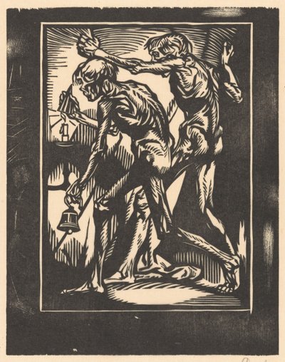 To nøgne mandsfigurer med klokke og lysslukker af Johannes Josephus Aarts (signed by artist)