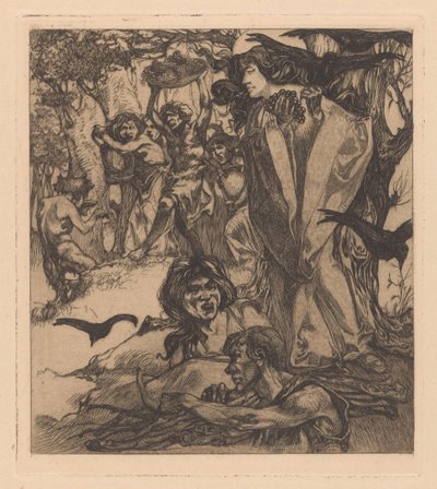 Skovklædt landskab med mennesker, krager og satyr af Johannes Josephus Aarts