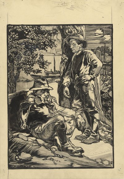To digearbejdere, den ene siddende, den anden lænet op ad et træ af Johannes Josephus Aarts