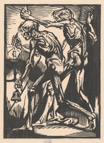 To nøgne mandsfigurer med klokke og lysslukker af Johannes Josephus Aarts