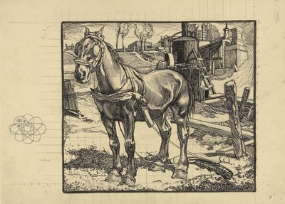 Arbejdshest, hvilende ved en pæledriver af Johannes Josephus Aarts