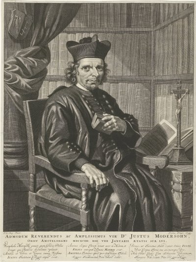 Portret van de pastor Justus Modersohn Den rette pastor og stormand hr. Justus Modersohn, døde i Amsterdam 1693 den 8. januar i en alder af 15 år (titel på objekt) af Johannes Klopper