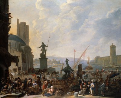 En Capriccio af en Middelhavshavn med Berninis Triton-fontæne og en Capriccio af Louvre-paladset, af Johannes Lingelbach