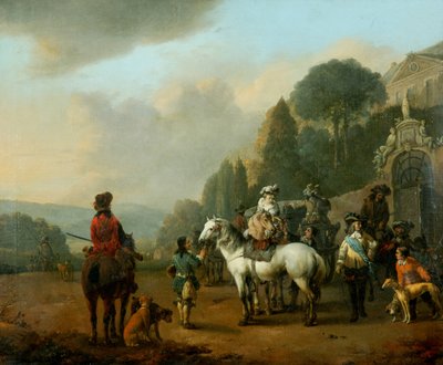 Haukkamiesten puolue linnan porttien ulkopuolella (öljy kankaalle) af Johannes Lingelbach