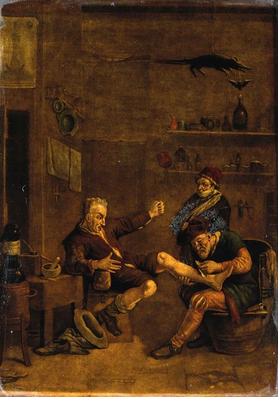 En kirurg, der behandler en mands fod. Mezzotint efter et motiv, der tilskrives Johannes Lingelbach. af Johannes Lingelbach