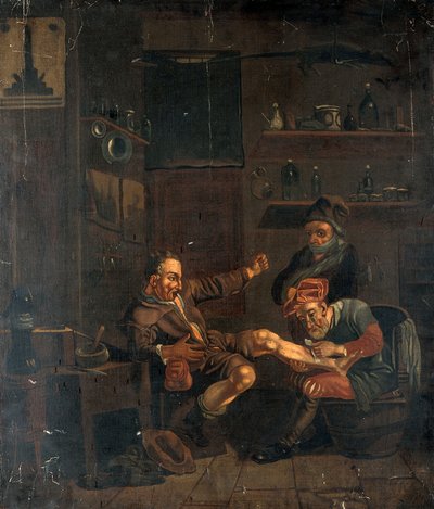 En kirurg, der behandler en mands fod. Oliemaleri efter et motiv, der tilskrives Johannes Lingelbach. af Johannes Lingelbach