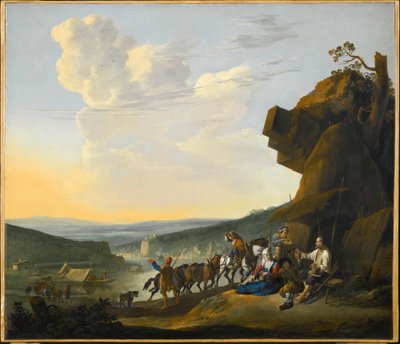 Tysk: Südliche Landschaft mit Fähre Sydligt landskab med udsigt over en bugt, med rejsende, der hviler sig af Johannes Lingelbach