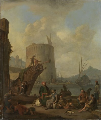 Italiensk havn med et befæstet tårn af Johannes Lingelbach