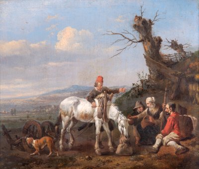 Landskab med rejsende hvilende (olie på egetræspanel) af Johannes Lingelbach