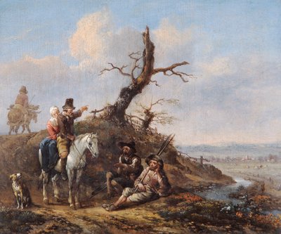 Landskab med rejsende hvilende og par til hest (olie på egetræspanel) af Johannes Lingelbach