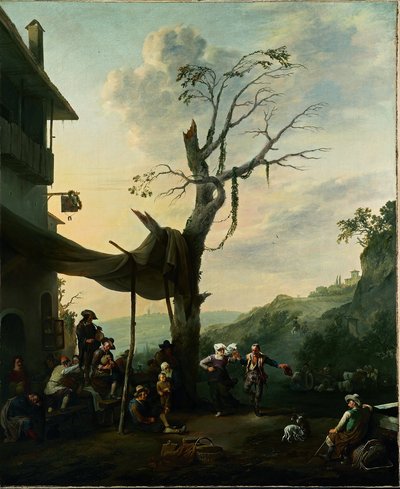 Bjerglandskab med bønder, der danser og spiller musik foran en kro af Johannes Lingelbach