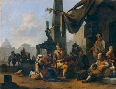 Italienske bønder drikker ved døren til et romersk hotel ... af Johannes Lingelbach