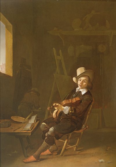 Selvportræt af kunstneren, der spiller en violin af Johannes Lingelbach
