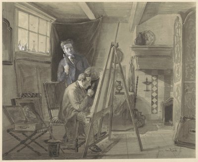 Selvportræt af Johannes Marius van Kate, stående i sit atelier med en besøgende af Johannes Marius ten Kate