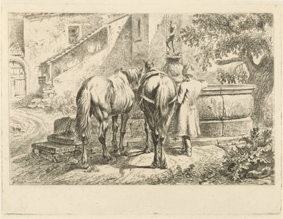 Drikkeheste ved et springvand af Johannes Mock