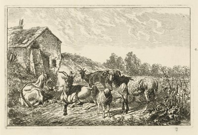 Fire geder og et får ved et hus af Johannes Mock