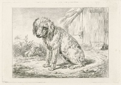 Siddende hund ved en lade af Johannes Mock