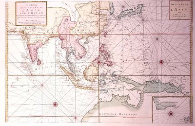 Kystkort, der strækker sig fra det nordvestlige Indien til det nordlige Australien via Japan og Filippinerne, ca. 1700 (farvestik) af Johannes and Mortier Cornelis Covens