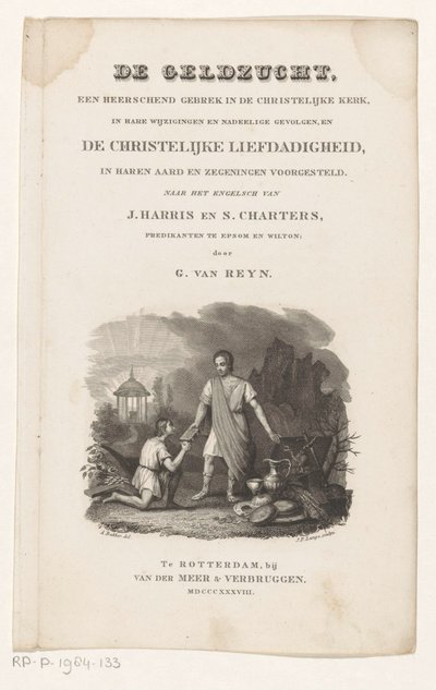 To mænd ved en kiste fuld af værdigenstande Titelside for: G. van Reyn, Pengelysten, en herskende mangel i den kristne kirke, 1838 af Johannes Philippus Lange